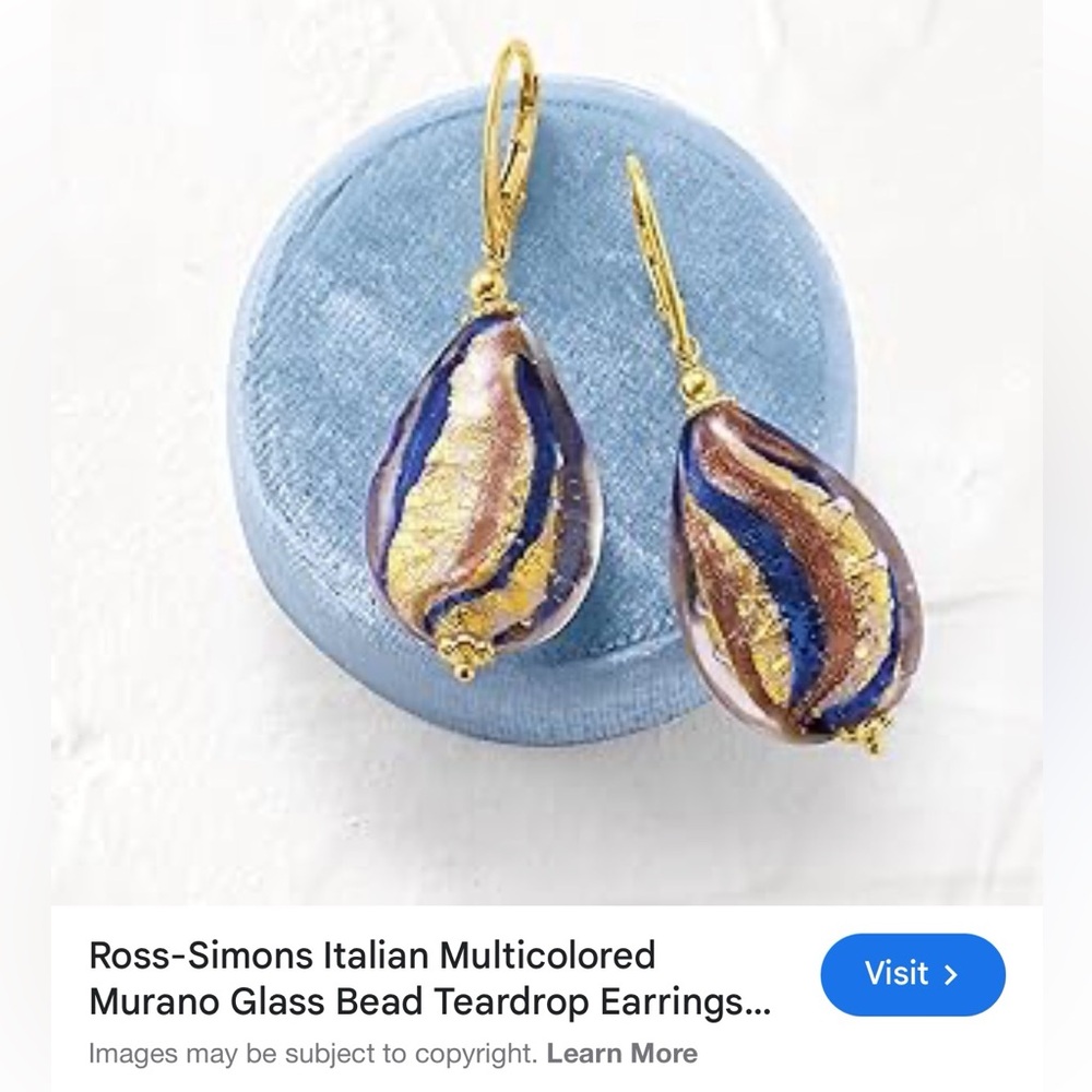 Ross-Simons Italian Murano Glass Bead Teardrop Blue & Gold Necklace Earrings 18k - Picture 6 of 7